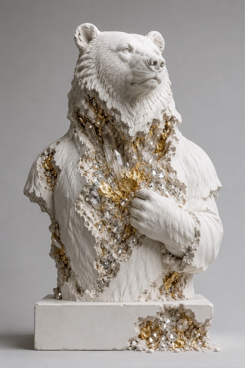 White sculpture of an eroded bear, gold and crystals visible inside